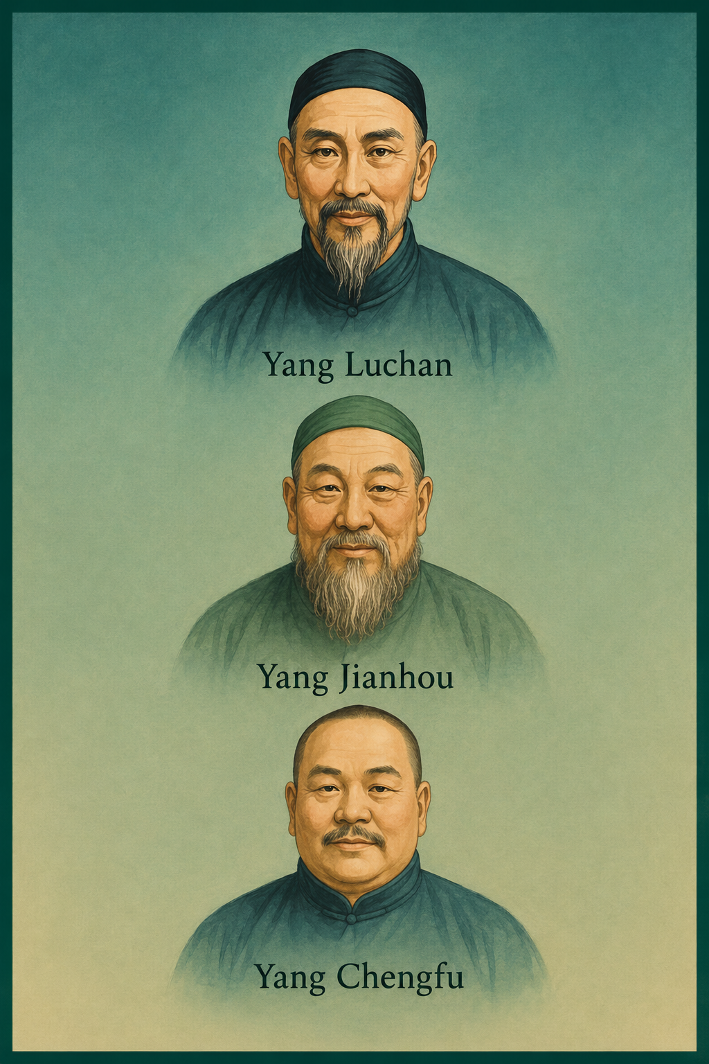 Yang Family Tai Chi lineage: Yang Luchan, Yang Jianhou, and Yang Chengfu
